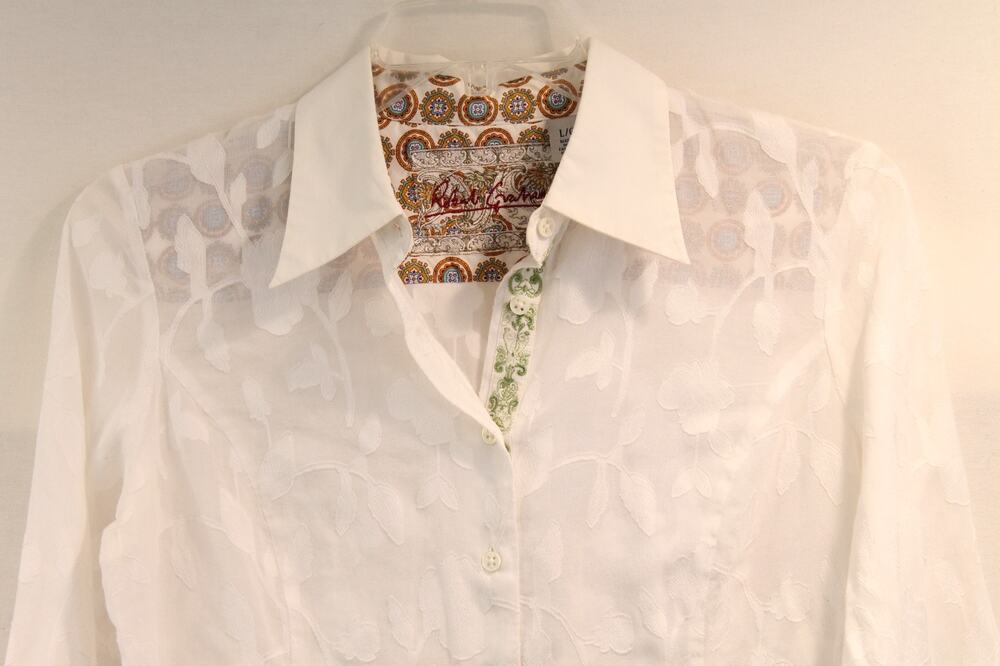 Robert Graham White Sheer Floral Burnout Top Womens L Embroidered Writing on Hem